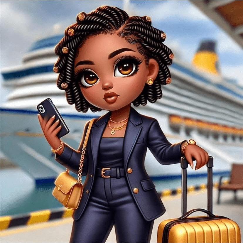 Stylishly dressed woman with coiled hair holds a smartphone, standing beside a suitcase at a cruise terminal, ready for travel.