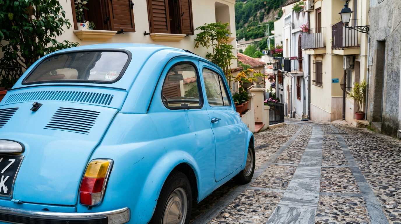 Classic blue car parked on a cobblestone street