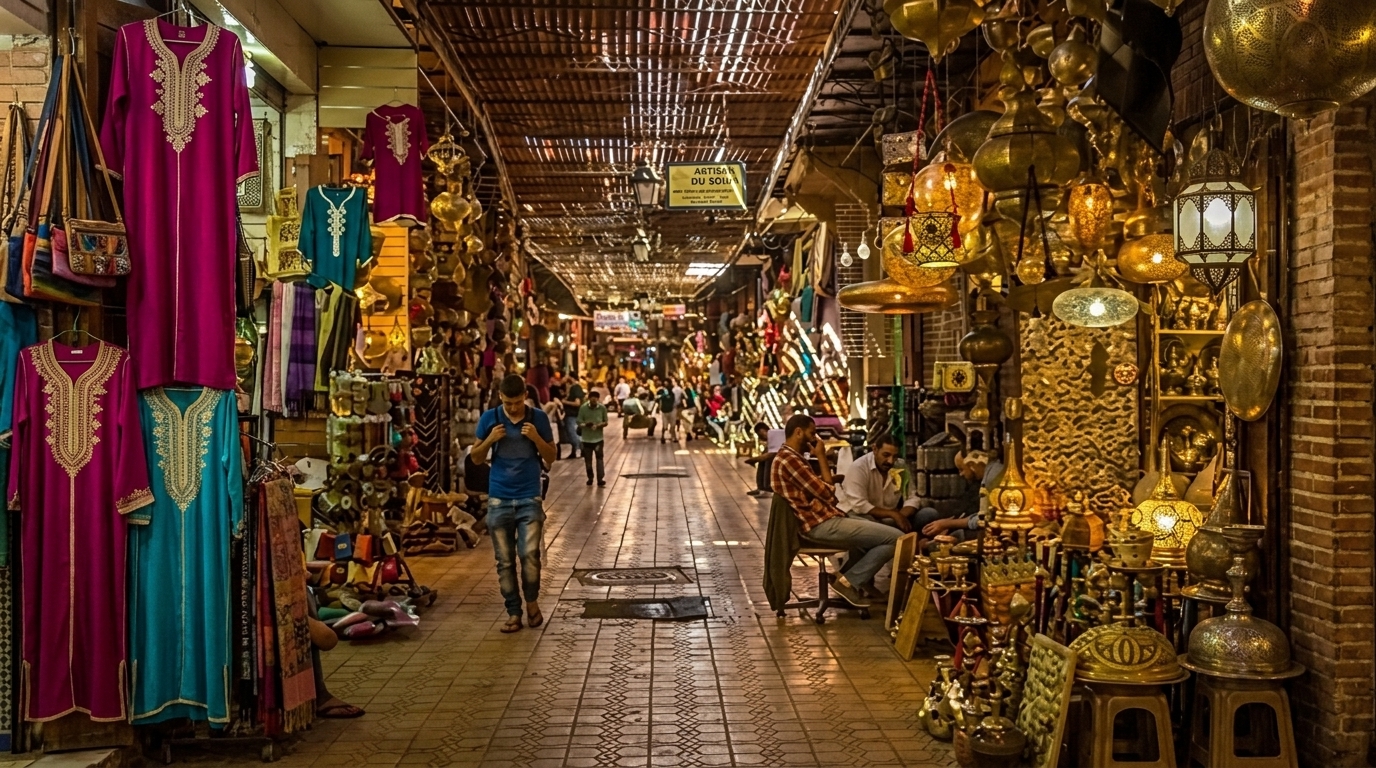 Covered market alley with hanging lanterns and textiles