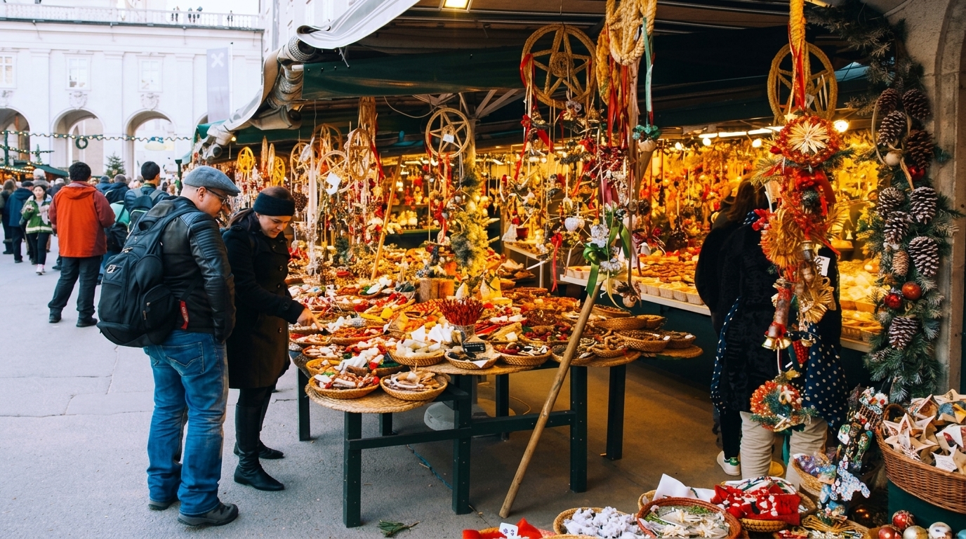 Travelers exploring a market stall
